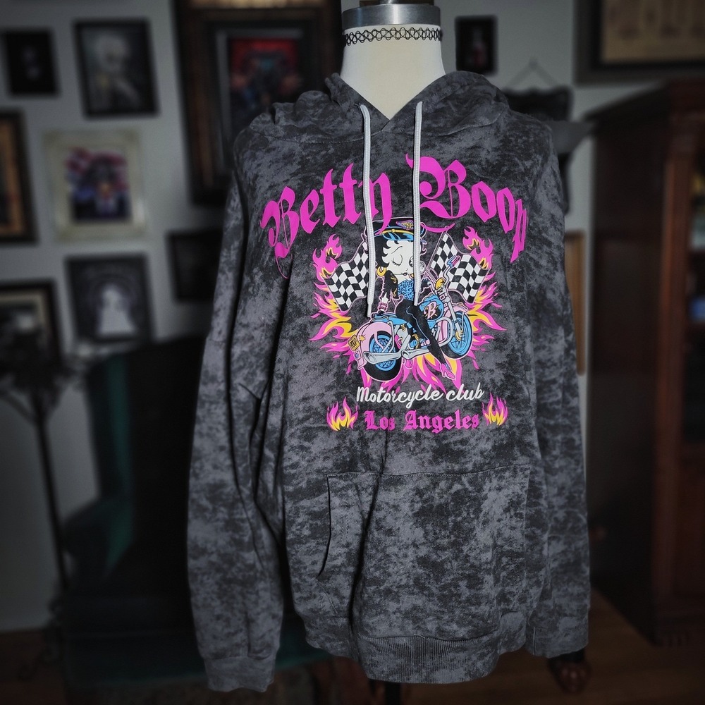 Betty Boop Hoodie Motorcycle Club Los Angeles Acid Wash Grey Pink Graphic XL 79 - Picture 2 of 8